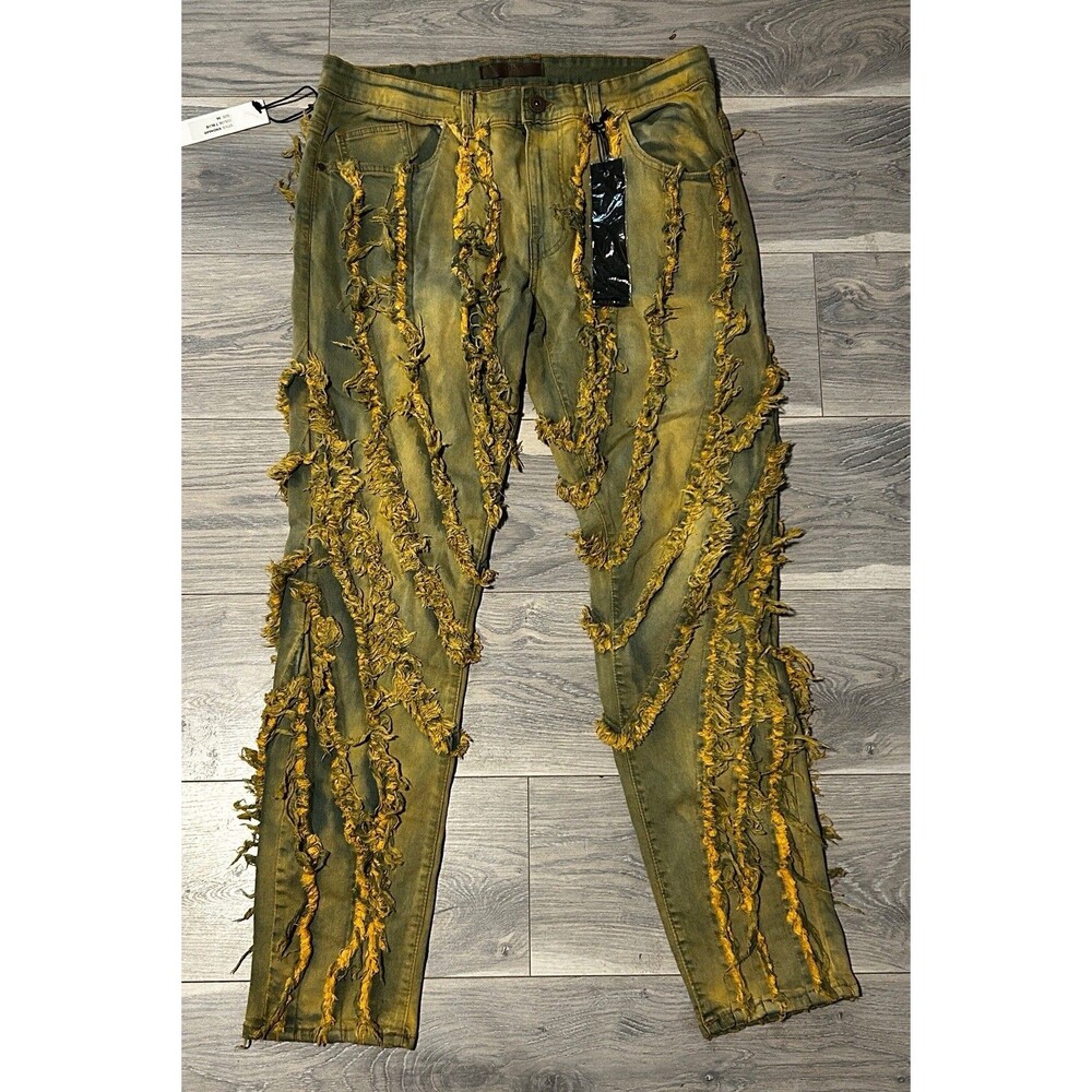 NWT KDNK Men's Skinny Jeans Size 36 T Blue Distressed Frayed Fringed Denim